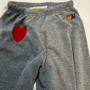 Aviator Nation Gray Sweatpants with Red Heart and Rainbow Patch